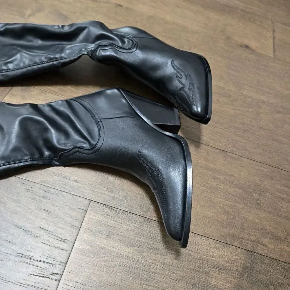 $997 NWOB SONORA TEXAN OVER THE KNEE Black Leather COWBOY BOOTS WOMEN Size 40 9